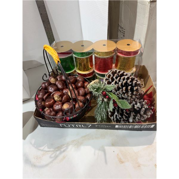 Ribbon, chestnuts, and other crafting items