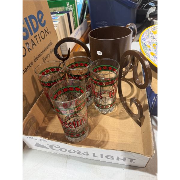 Christmas tree stand, and glasses