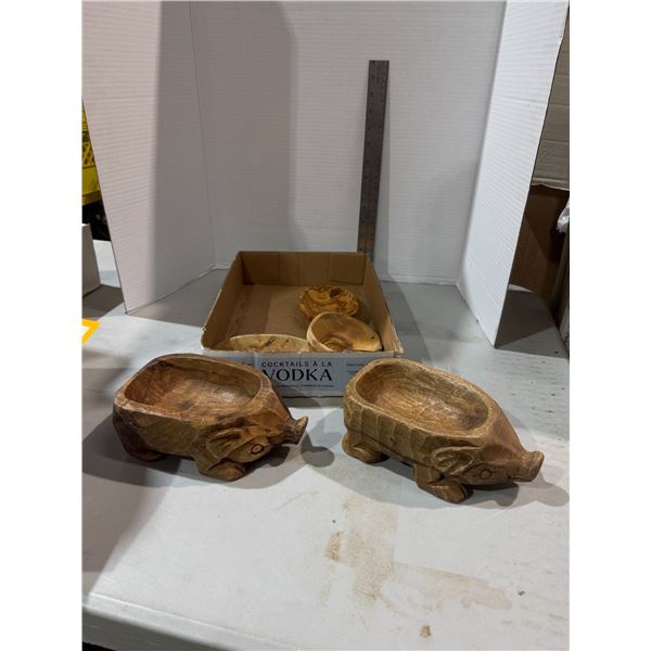 Pig shaped carved wood bowls, and other