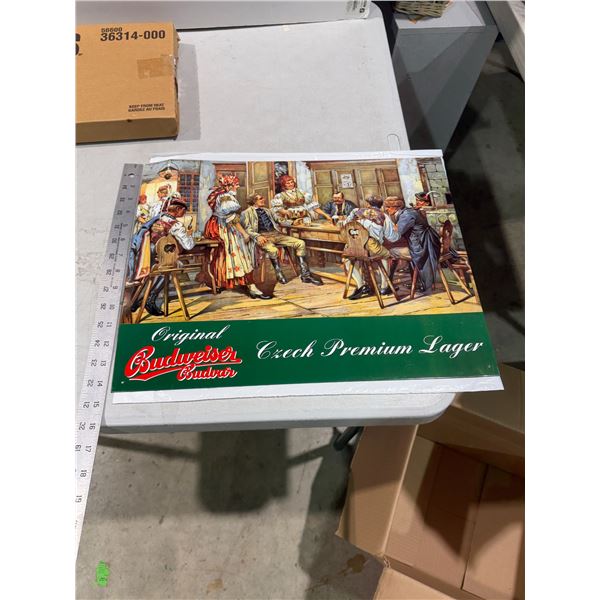 Original Budweiser premium lager tin sign measures 14" x 19"