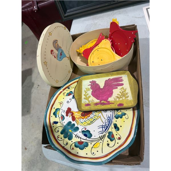 Rooster, coasters and trays, etc.