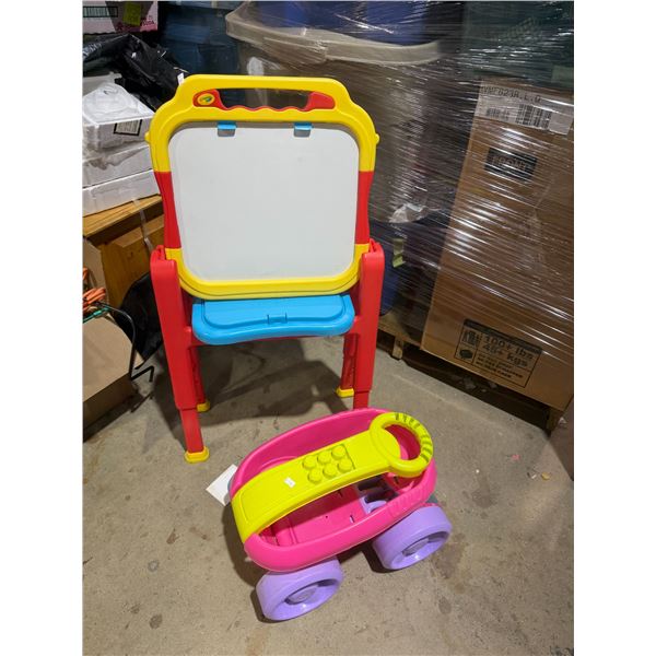 Crayola whiteboard, art, easel stand, and Lego cart