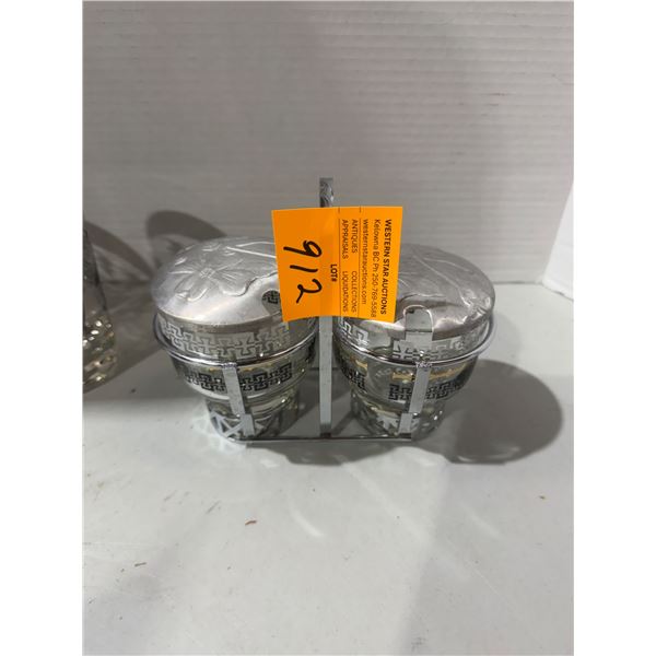 Libbey glass condiment set with a silver-tone caddy and lids