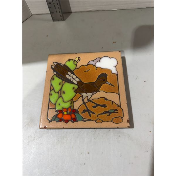 vintage hand-painted ceramic roadrunner and prickly pear cactus tile trivet, likely by artist Leone 