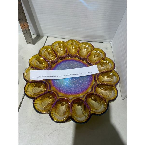 Indiana glass, carnival, iridescent, hobnail, deviled egg plate