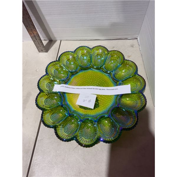 Indiana Glass lime, iridescent, hobnail, deviled egg plate