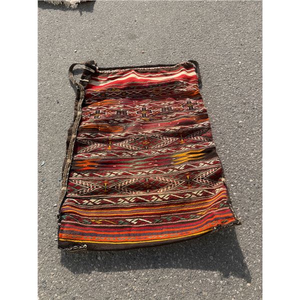 vintage handwoven wool kilim grain sack or bag with tribal patterns measures 47" x 34"