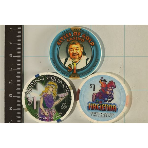 3-$1 PLASTIC CASINO CHIPS: FOUR QUEENS, HACIENDA