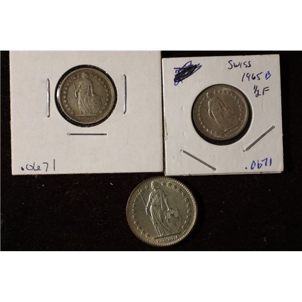 3 SWITZERLAND SILVER COINS: 1940 & 1965 HALF FRANC
