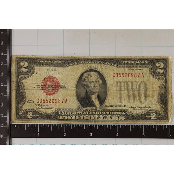 1928-D US $2 RED SEAL NOTE. SMALL TEAR BOTTOM