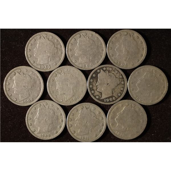 10 LIBERTY "V" NICKELS: 1901-1912