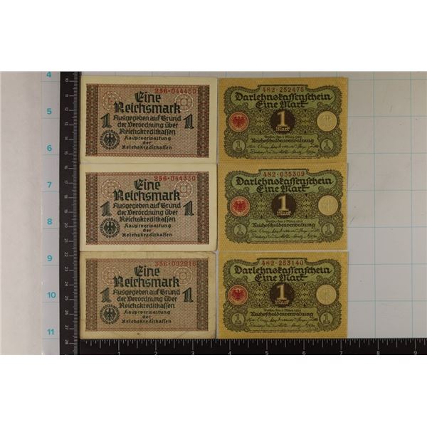 6 GERMAN CRISP 1 MARK BILLS: 3-1920 & 3-NO DATE