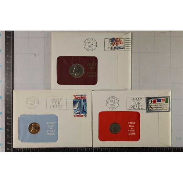 3 US COINS FIRST DAY COVERS: 1966 LINCOLN CENT,