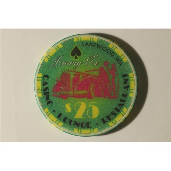 $25 JIMMY G'S CASINO CHIP. LAKEWOOD, WASHINGTON