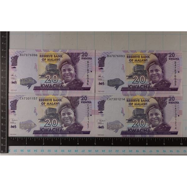 4 MALAWI CRISP UNC 20 KWACHA BILLS