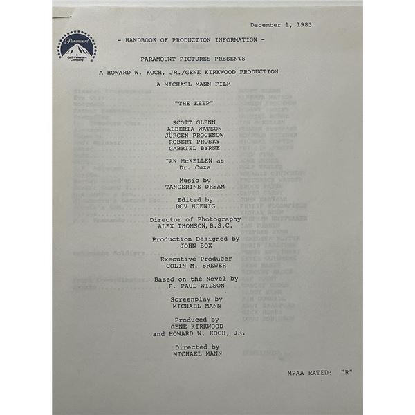 Paramount Pictures The Keep unsigned production info.