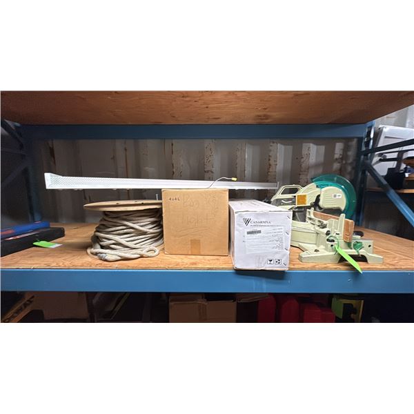 GROUP LOT SPOOL OF ROPE, WORK BENCH LIGHT, INDUSTRIAL CEILING FAN (IN BOX), MAKITA COMPOUND SAW,
