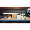 Image 1 : GROUP LOT SPOOL OF ROPE, WORK BENCH LIGHT, INDUSTRIAL CEILING FAN (IN BOX), MAKITA COMPOUND SAW,