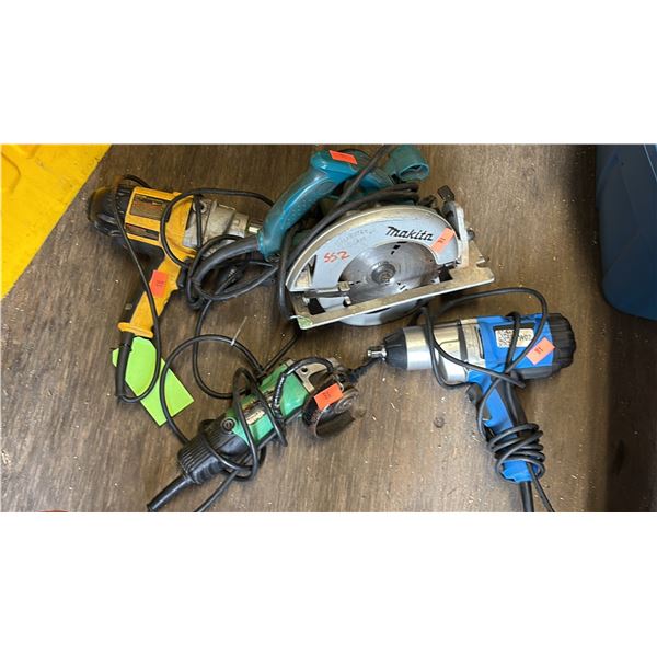 GROUP LOT. MAKITA 5007N SAW, MASTERCRAFT 1/2" CORDED IMPACT WRENCH, DEWALT DW130D 1/2" VSR DRILL,