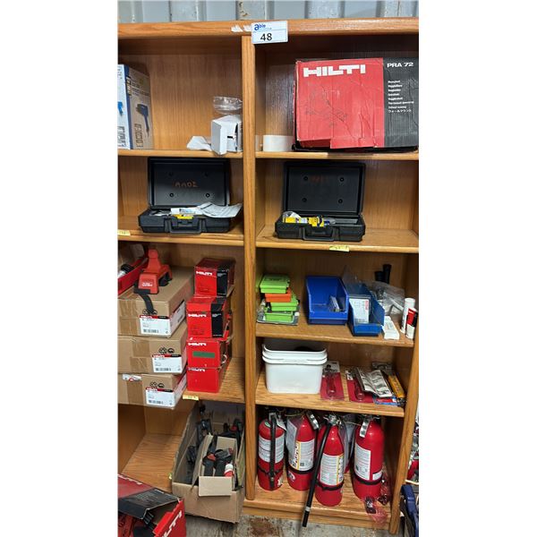 SHELF LOT OF HILTI ACCESSORIES ETC. 2 HEAT GUNS, CHALK LINE, QUARTZ BULBS, OVER 10 FIRE EXTINGUISHER