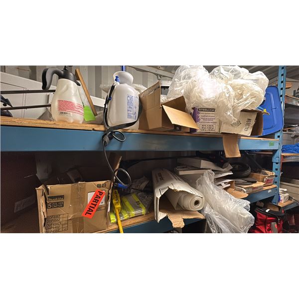 GROUP LOT OF 4 SHELVES. INC TIRE CHAINS, RAIN GEAR, VARIABLE VOLTAGE CONTROL, SHOP HEATER,