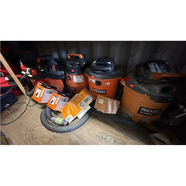 GROUP LOT. 5 RIDGID 6 HP INDUSTRIAL VACUUMS WITH ASST OF HEPA FILTERS, HOSES,