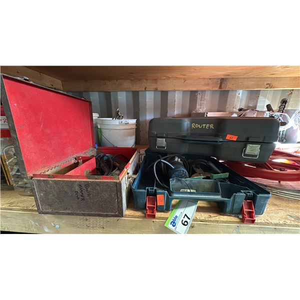 GROUP LOT. BOSCH ROUTER, TRIMMER ROUTER, ELECTRIC HAMMER DRILL WITH BITS, BRAD NAILER, JOBSITE FILE