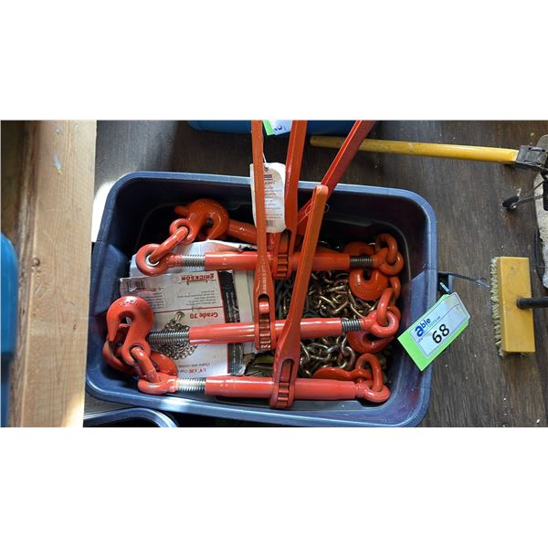 BIN OF NEW CHAINS AND 4 CHAIN CINCHES