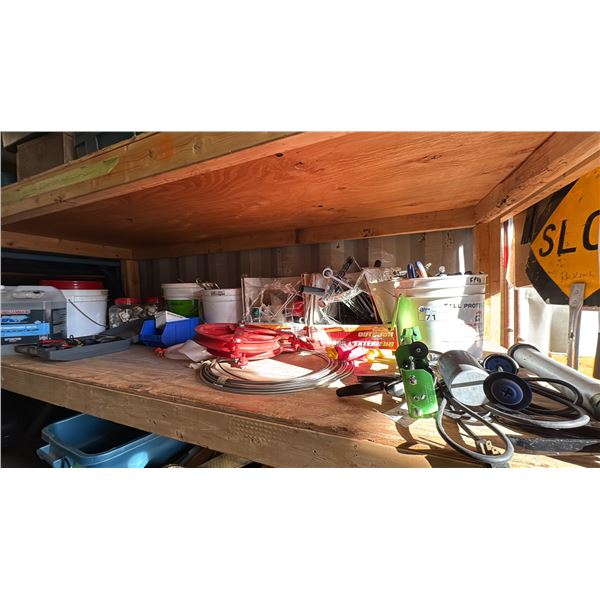 GROUP LOT LARGE PULLEYS AND CABLE, ROLLERS, EPOXY GUNS, TENT TIE DOWNS, LOCKS, NYLON CORD,