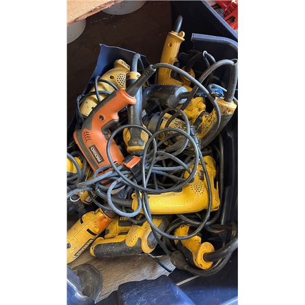 BIN OF ELECTRIC DRILLS AND SOME TWO SIDED TAPE