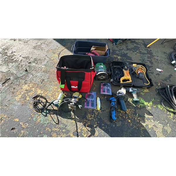 GROUP LOT OF 9 POWER TOOLS. 2 SAY NOT WORKING. WITH HILTI BAG.