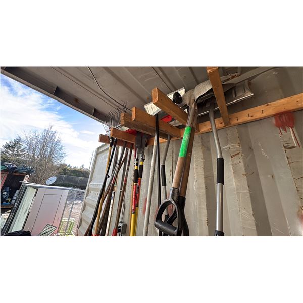 GROUP LOT SHOVELS, LOAD BARS, MAGNET SWEEPERS, GARDEN RAKE, BAR CLAMPS.