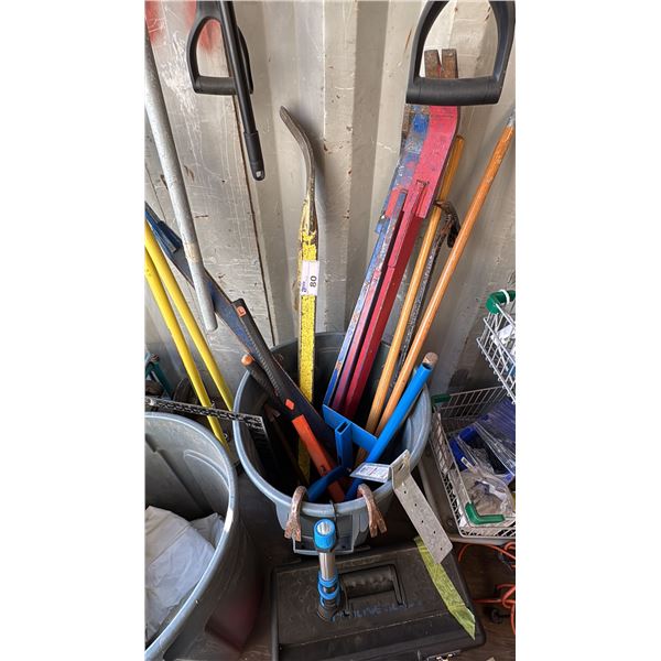BARREL OF CROWBARS, NAIL PULLERS, SQUARE, TROUBLE LIGHT