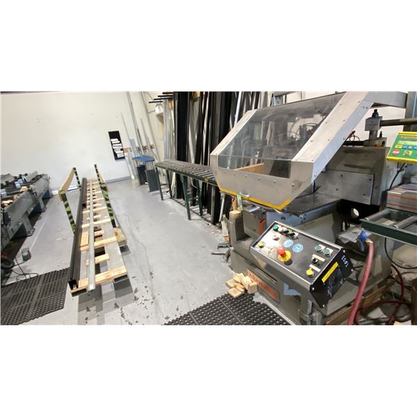 ELUMATEC ALUMINUM CUT OFF SAW WITH 6' AND 12' RUN OFF TABLES. (NOTE TIGER STOP FEEDER SHOWN