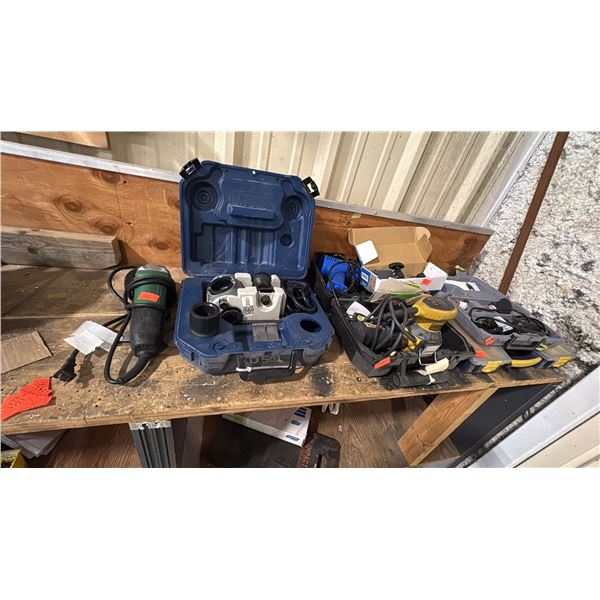 GROUP LOT WITH HITACHI ANGLE GRINDER, DRILL DOCTOR, PALM SANDER, HEAT GUN, MAGNET CLAMP, DREMEL,