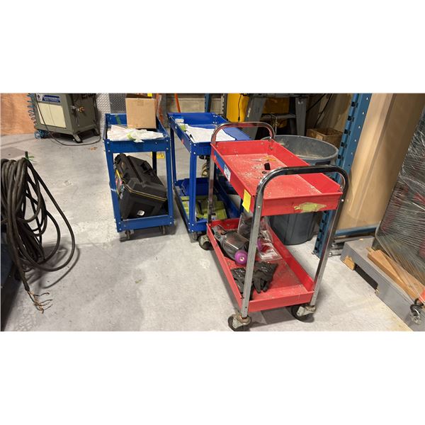 3 METAL SHOP CARTS. TWO BLUE ONE RED, INC EMPTY FATMAX TOOL BOX