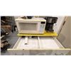 Image 4 : CREAM COLOR 33" BEER FRIDGE, MICROWAVE, COFFEE MAKER, KITCHEN SUPPLIES AND ROLLING KITCHEN CABINET