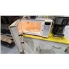 Image 5 : CREAM COLOR 33" BEER FRIDGE, MICROWAVE, COFFEE MAKER, KITCHEN SUPPLIES AND ROLLING KITCHEN CABINET