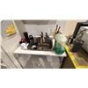 Image 6 : CREAM COLOR 33" BEER FRIDGE, MICROWAVE, COFFEE MAKER, KITCHEN SUPPLIES AND ROLLING KITCHEN CABINET