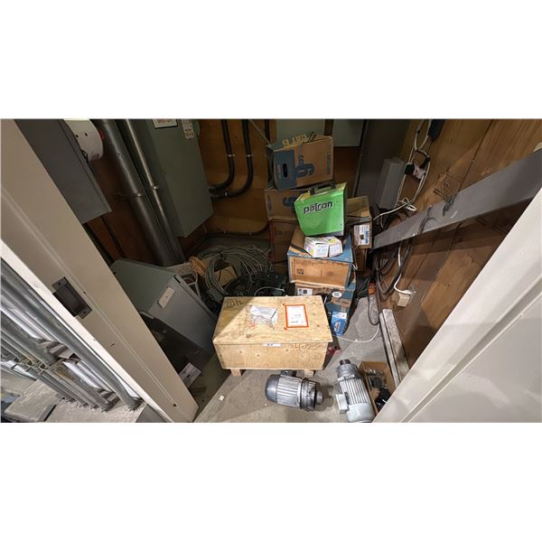 CONTENTS OF ELECTRICAL ROOM. SEVERAL BOXES CAT 6 AND COMMUNICATION CABLES, SHOP HEATER, ELECTRIC