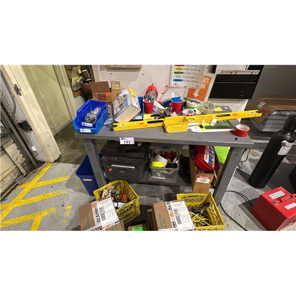 METAL WORK TABLE 48"X24" WITH CONTENTS. 4' STANLEY LEVEL, PRINTER, TRAILER HITCH EXTENSION, ETC