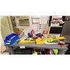 Image 2 : METAL WORK TABLE 48"X24" WITH CONTENTS. 4' STANLEY LEVEL, PRINTER, TRAILER HITCH EXTENSION, ETC