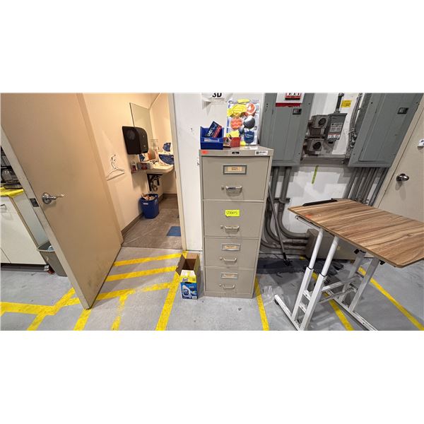 4 DRAWER FILE CABINET WITH CONTENTS. RATCHET STRAPS, BATHROOM SHELF WITH CONTENTS, CLEANING SUPPLIES