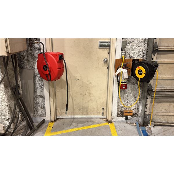 REELWORKS 50' AIR HOSE REEL AND 40' EXTENSION CORD REEL. BRING TOOLS TO REMOVE FROM WALL