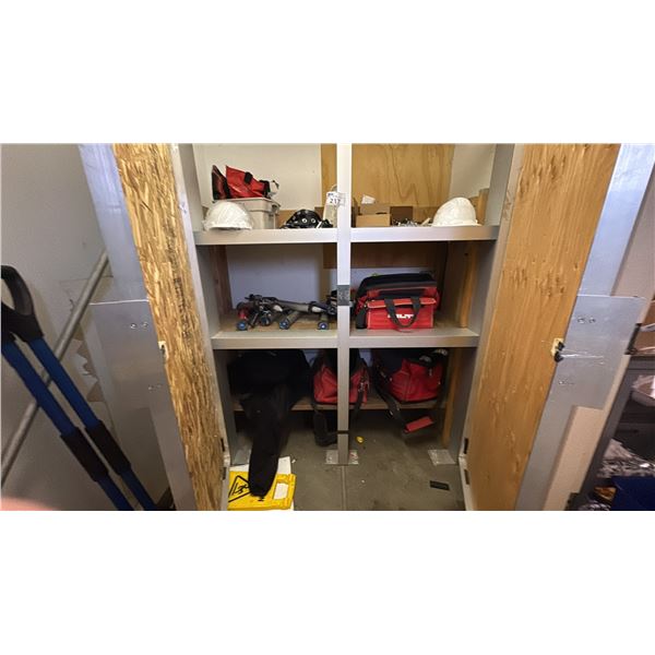 CONTENTS OF CABINET. SAFETY EQUIPMENT, HARNESSES, CAULKING GUN, HARD HATS, ETC