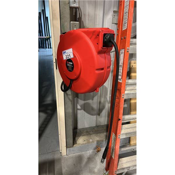 REELWORKS 50' AIR HOSE REEL. BRING TOOLS TO REMOVE FROM WALL