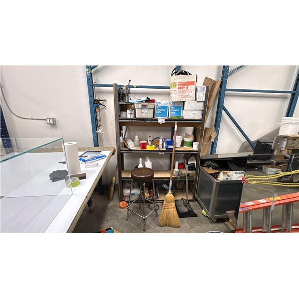 STORAGE SHELF WITH CONTENTS. DRILL PRESS, GLASS DRILL BITS, SANDING BELTS, FASTENERS, ETC