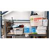 Image 2 : STORAGE SHELF WITH CONTENTS. DRILL PRESS, GLASS DRILL BITS, SANDING BELTS, FASTENERS, ETC