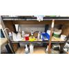 Image 3 : STORAGE SHELF WITH CONTENTS. DRILL PRESS, GLASS DRILL BITS, SANDING BELTS, FASTENERS, ETC