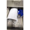 Image 5 : METAL CABINET WITH PAINT SUPPLIES, PAINT CANS, AND 4 DRAWER FILE CABINET WITH ASST SAFETY SUPPLIES,